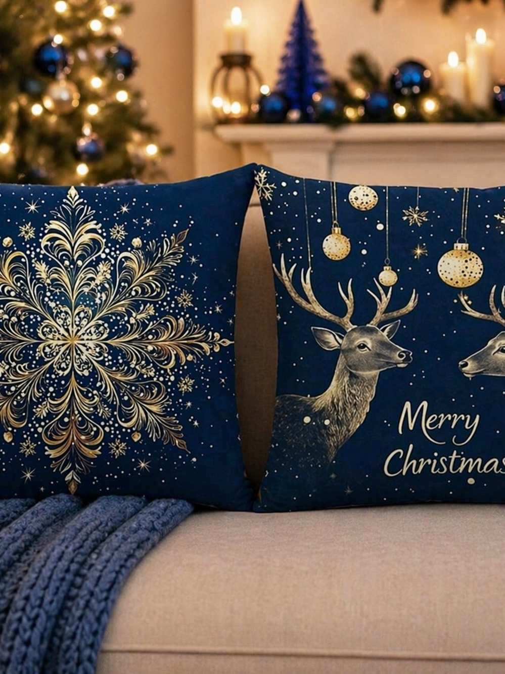 Set Of 2 Blue and Gold Merry Christmas Decorative Throw Pillows - Holiday Home